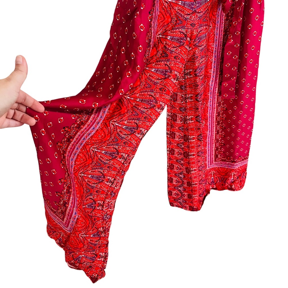 Free People Cabbage Rose Boho Wrap Top Waist Tie Satin Wide Leg Jumpsuit Size 2‎ - Picture 7 of 12